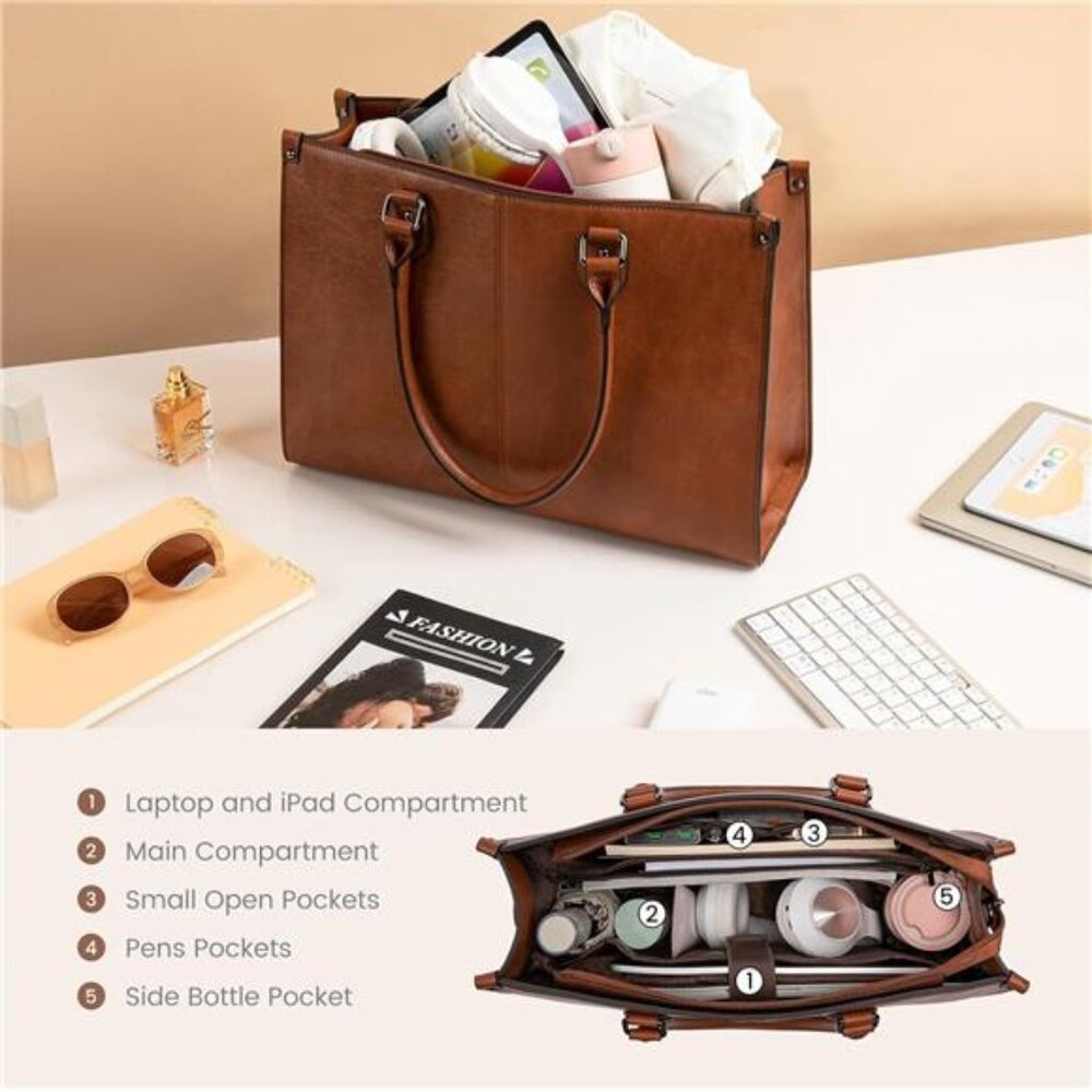Laptop Tote Bag for Women 15.6 Inch Large Capacity Vintage Vegan Leather - Picture 5 of 7